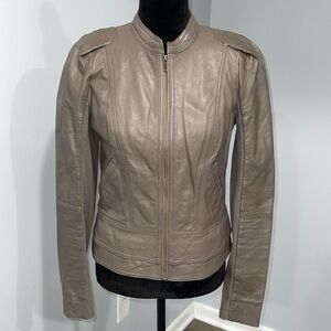 HINGE Seattle Taupe Motto Leather Ruffle/tiered Jacket size Medium